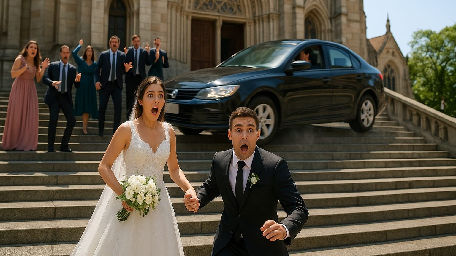 When Wedding Bliss Meets a Hilarious Crash: The Day a Car Drove Down the Stairs!