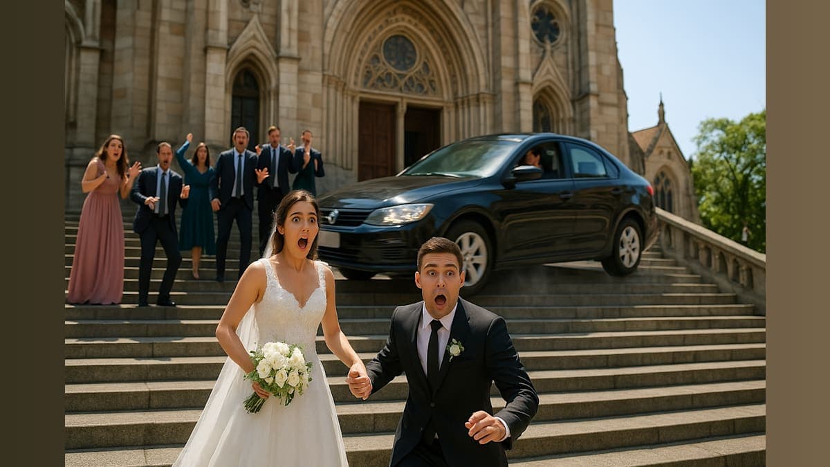 When Wedding Bliss Meets a Hilarious Crash: The Day a Car Drove Down the Stairs!
