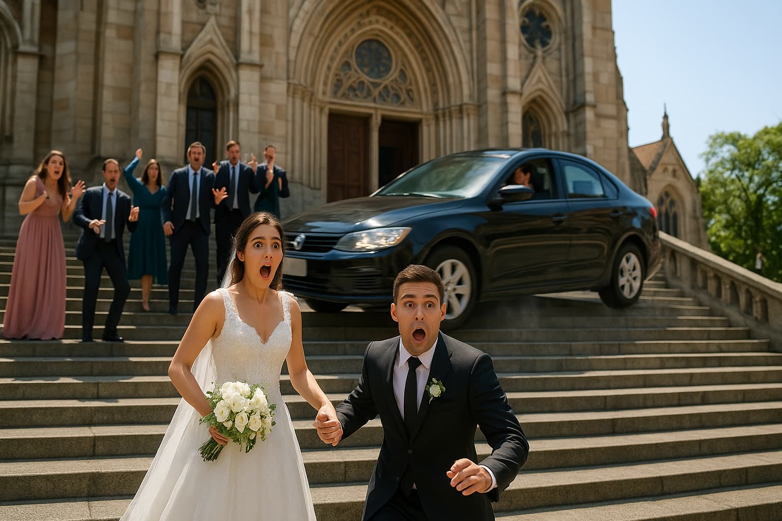 When Wedding Bliss Meets a Hilarious Crash: The Day a Car Drove Down the Stairs!